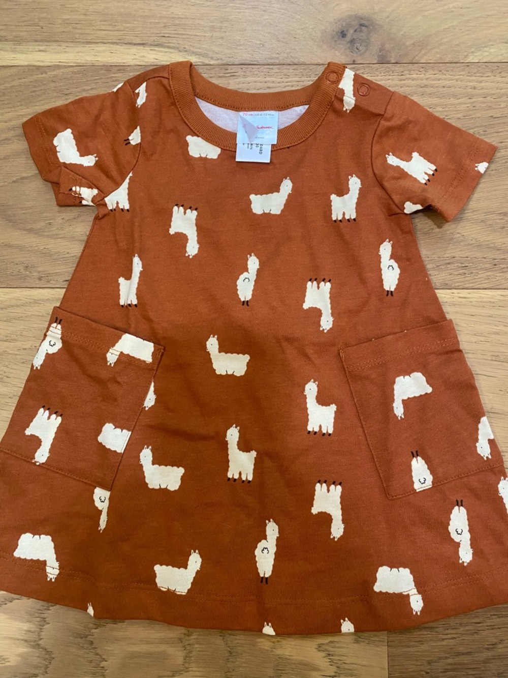 Hanna Andersson Rust Llama Print Baby Girls organic cotton Dress 6-12m EUC
